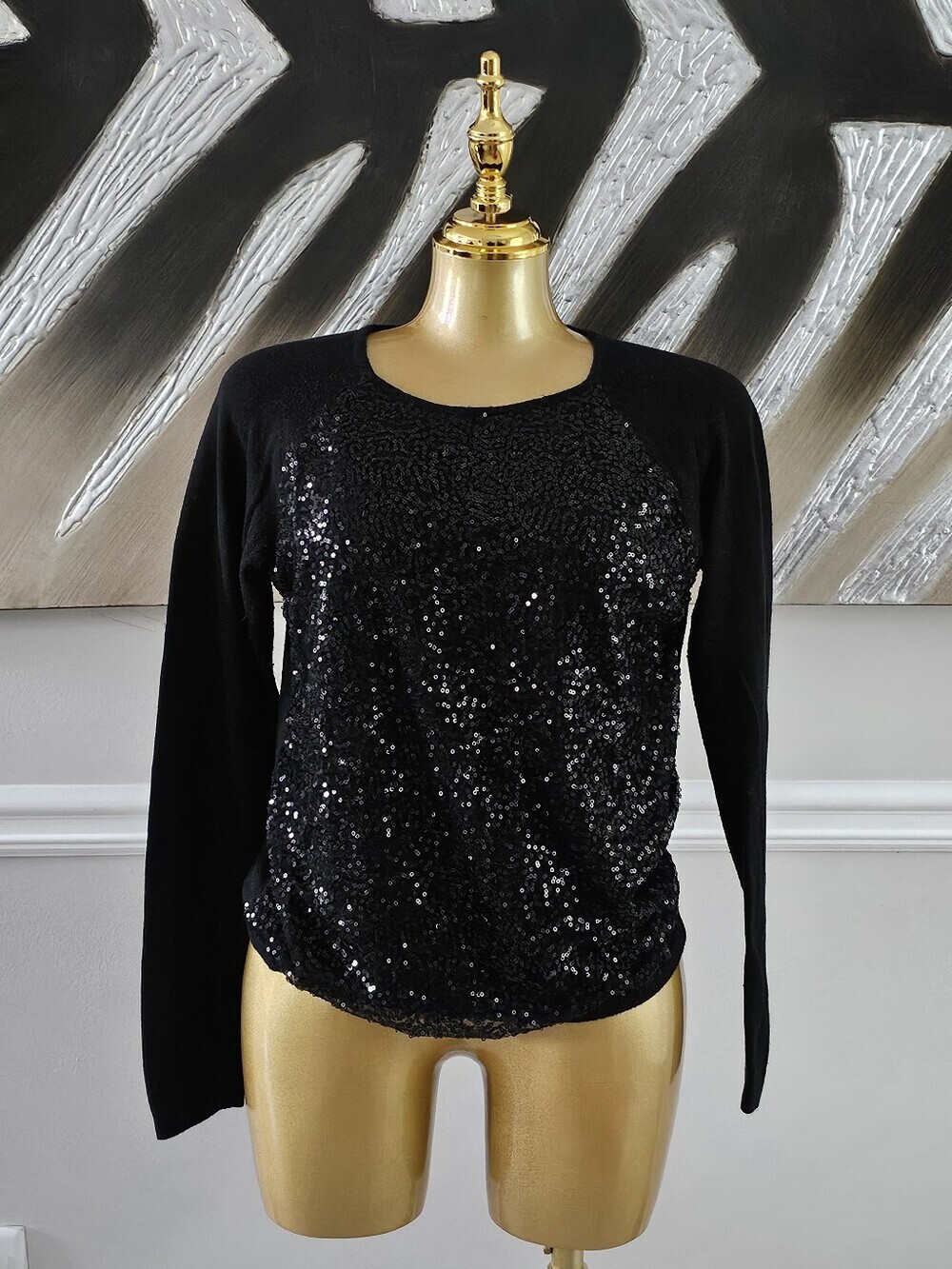 Elle Black Sequin Long Sleeve Top Size Medium